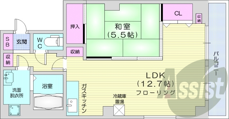 1LDK、オートロック、ウォシュレット、都市ガス