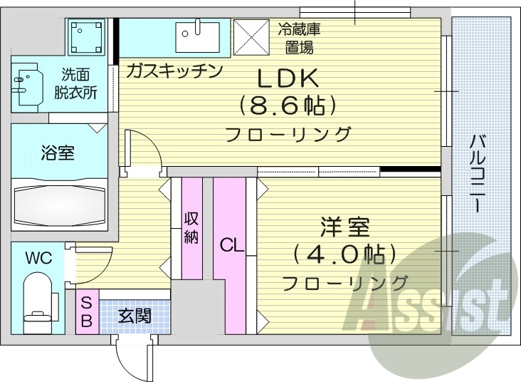 1LDK、オートロック、ウォシュレット、都市ガス