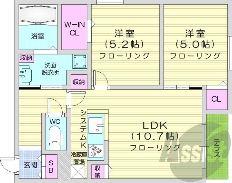 2ＬＤＫ、エアコン、都市ガス、システムキッチン