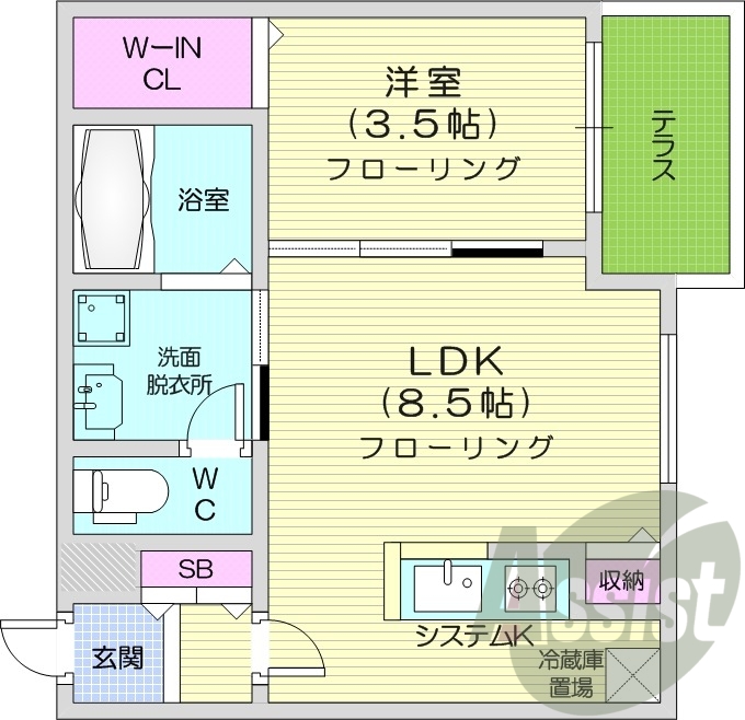 1ＬＤＫ、エアコン、都市ガス、システムキッチン