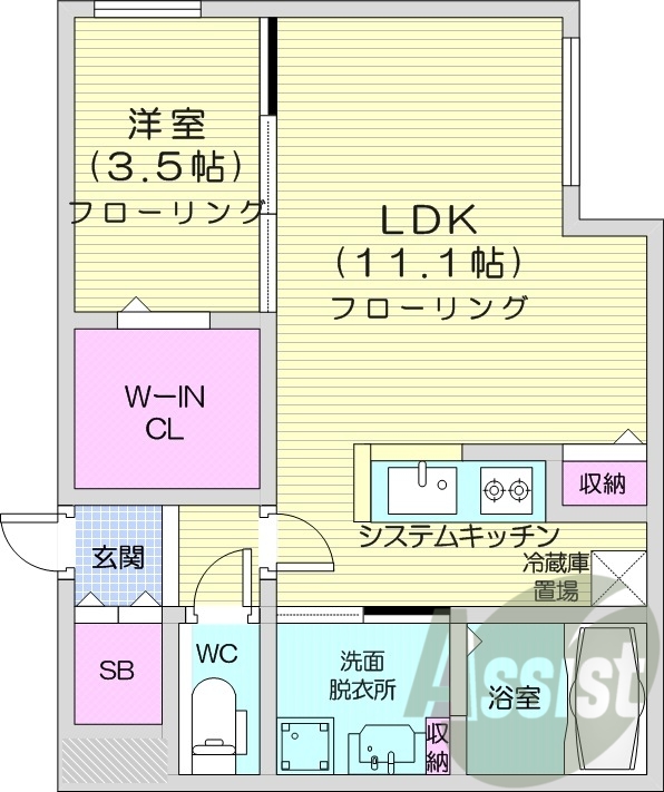 1ＬＤＫ、エアコン、都市ガス、システムキッチン