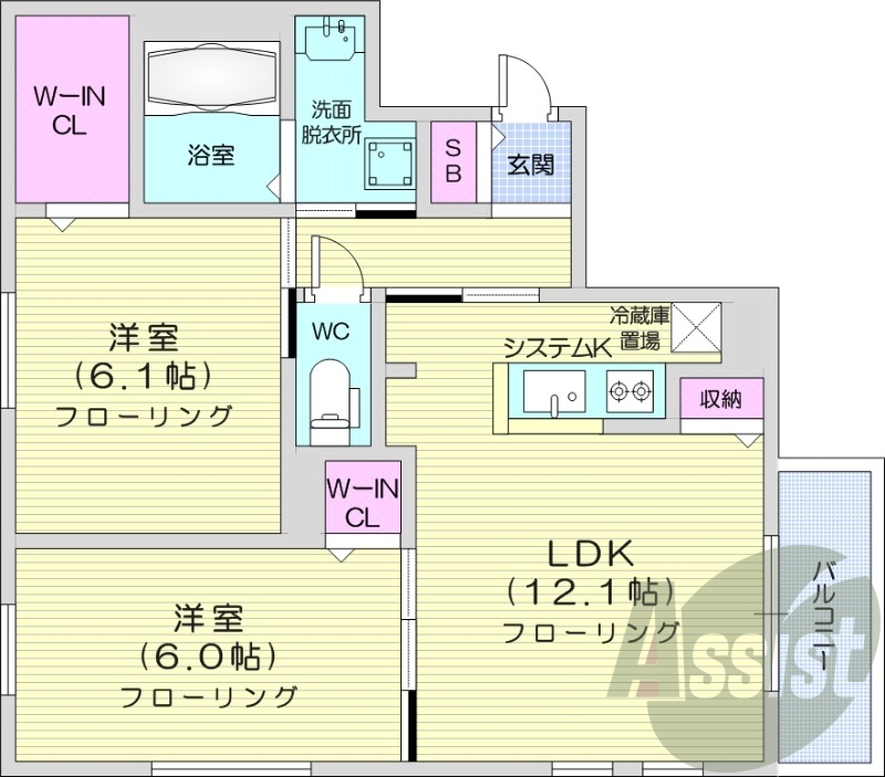 2LDK、エアコン、都市ガス、システムキッチン