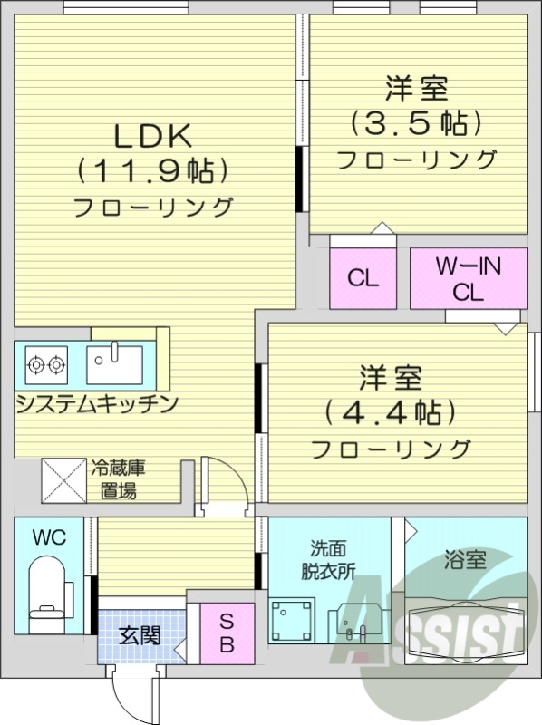 2LDK、エアコン、都市ガス、システムキッチン