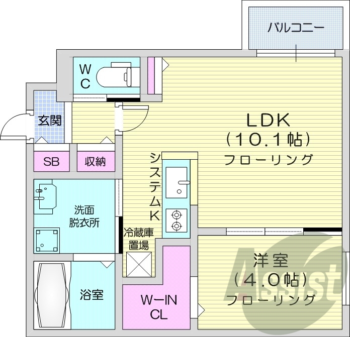 1LDK、エアコン、都市ガス、システムキッチン