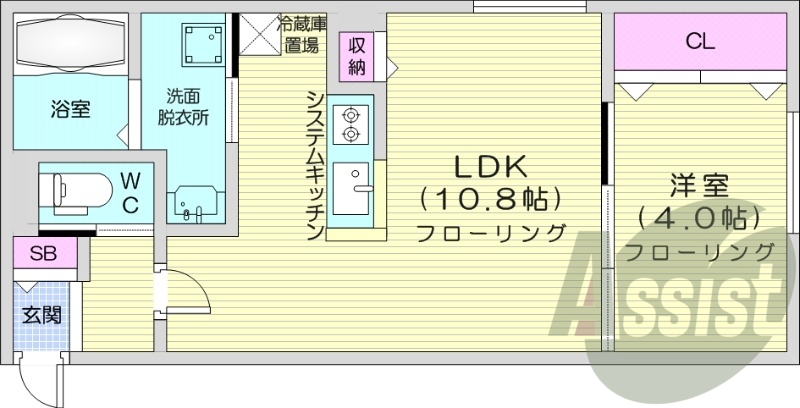 1LDK、エアコン、都市ガス、システムキッチン