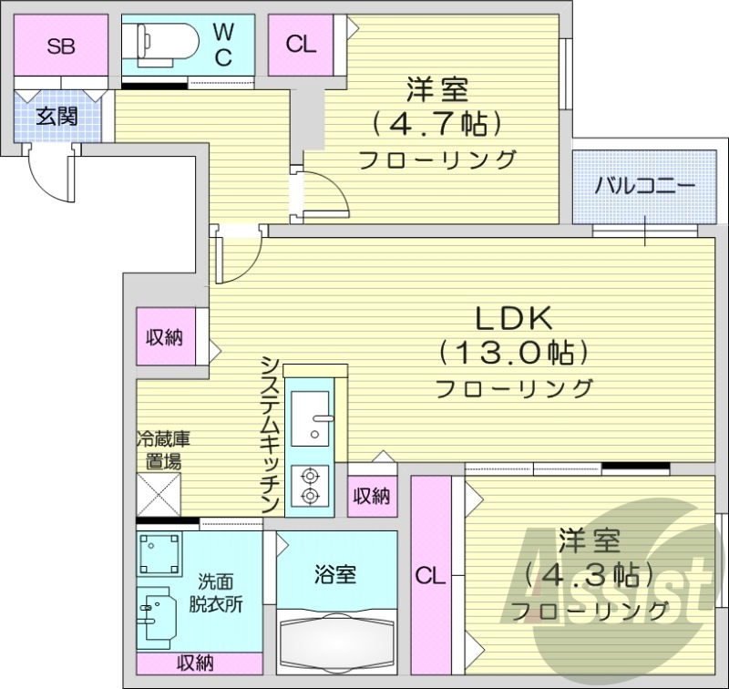 2LDK、エアコン、都市ガス、システムキッチン