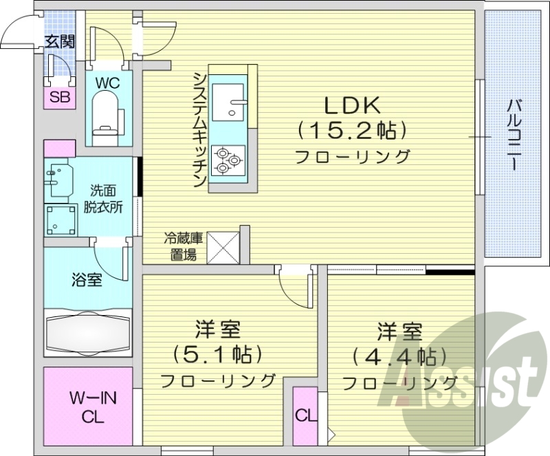 2ＬＤＫ、エアコン、都市ガス、システムキッチン
