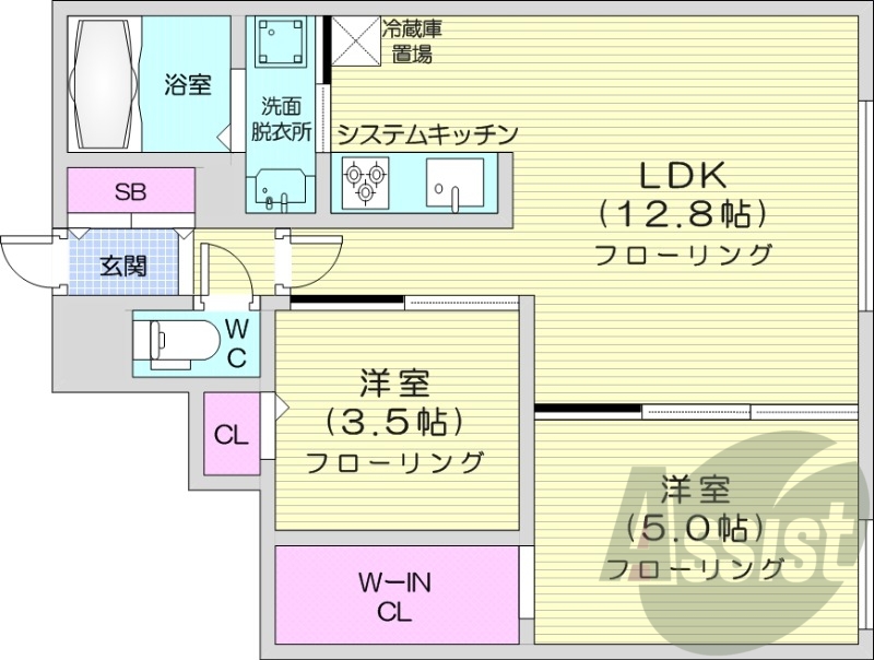2LDK、都市ガス、エアコン、浴室乾燥機、独立洗面台