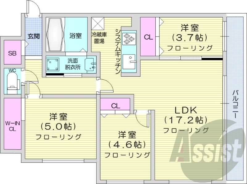 3LDK、都市ガス、エアコン、浴室乾燥機、独立洗面台