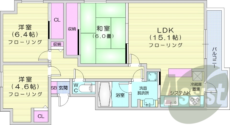 3LDK、都市ガス、エアコン、灯油暖房、システムキッチン