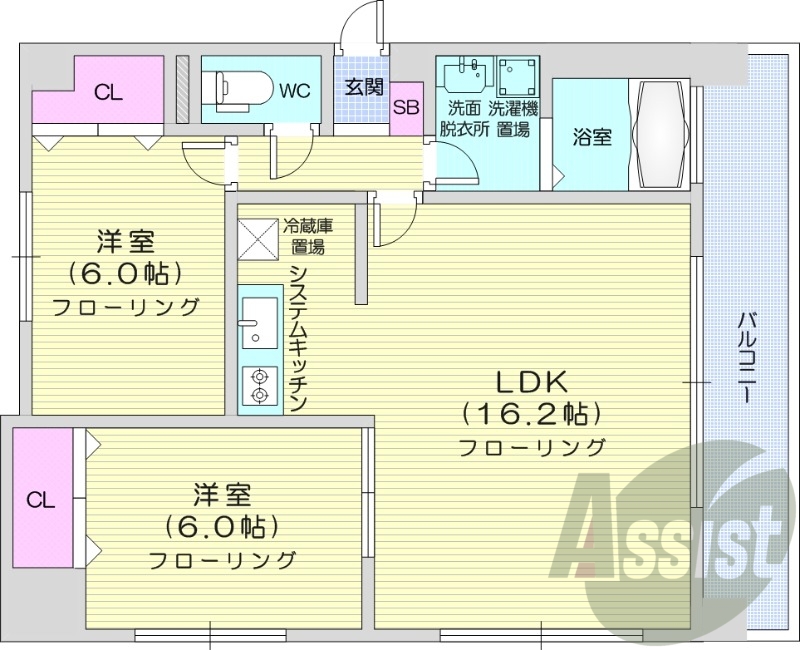 2LDK、都市ガス、エアコン、システムキッチン