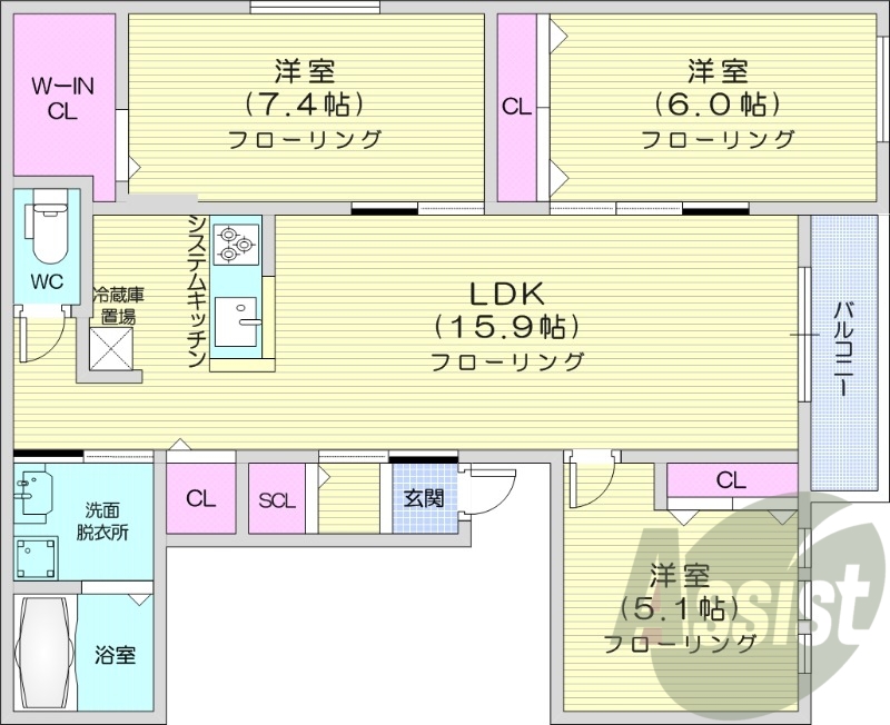 3LDＫ、エアコン、システムキッチン、ペット可
