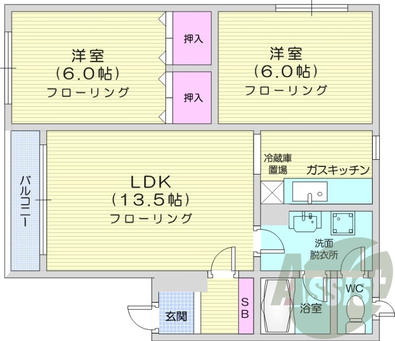 2LDK、独立洗面台、バルコニー、灯油暖房