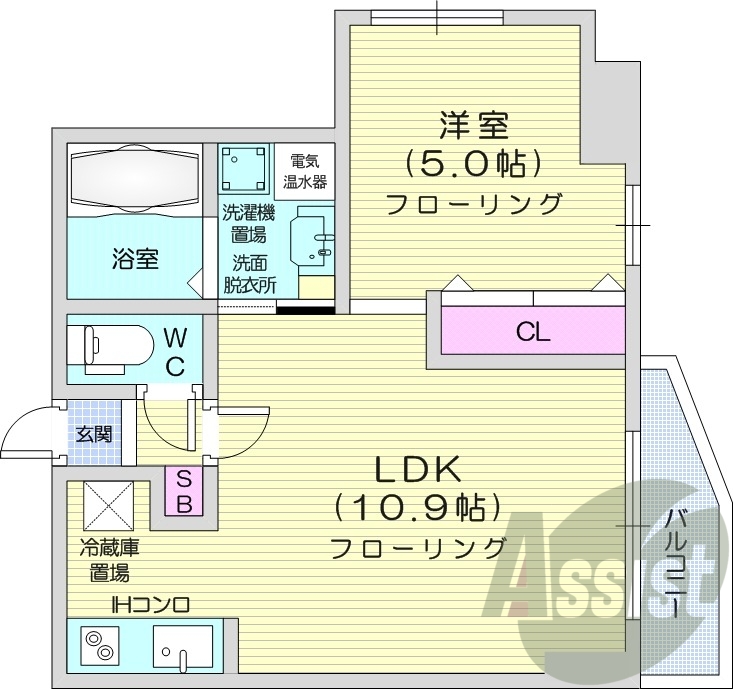 1LDK、インターネット無料、角部屋、システムキッチン