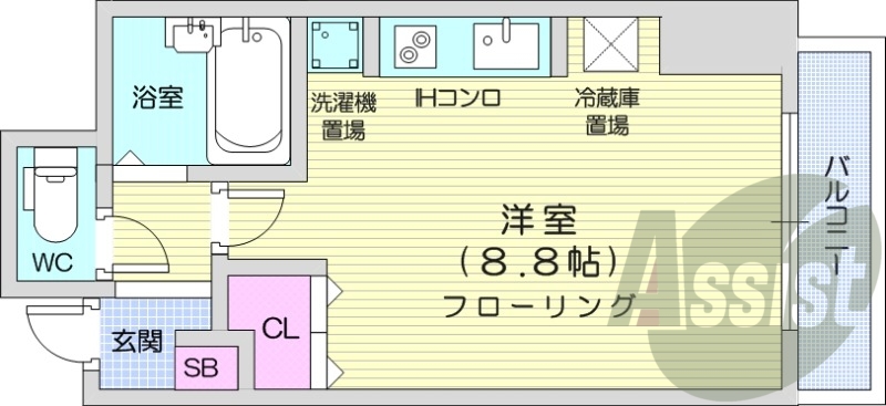 1R、エアコン、オートロック、バストイレ別