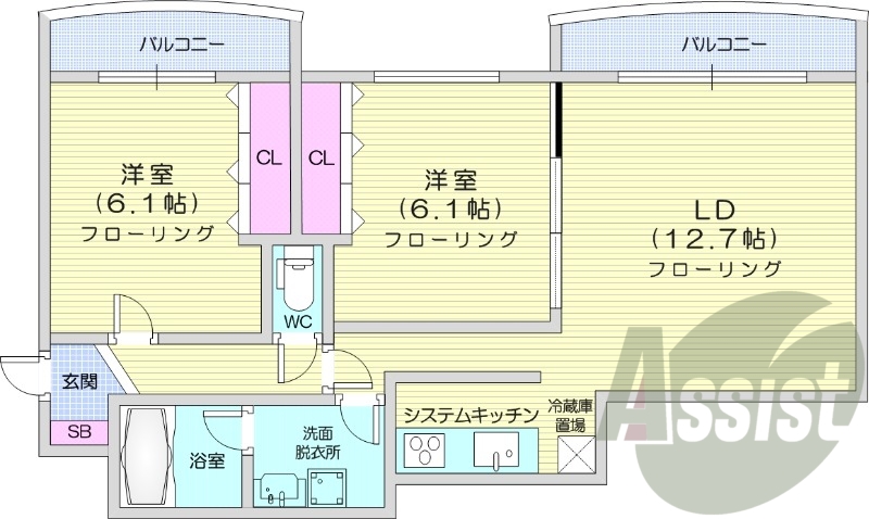 2LDK、オール電化、システムキッチン、独立洗面台