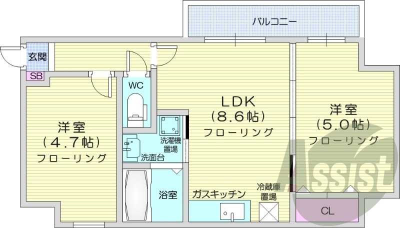 2DK、浴室乾燥機、エアコン、灯油暖房、独立洗面台