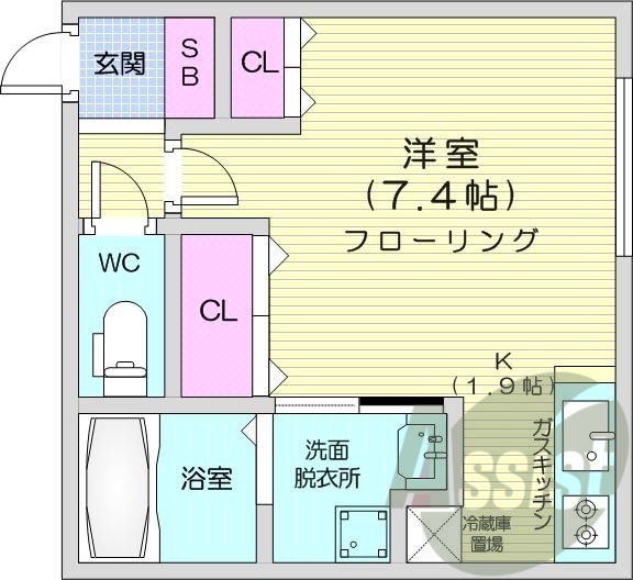 1K、バストイレ別、ネット無料、都市ガス