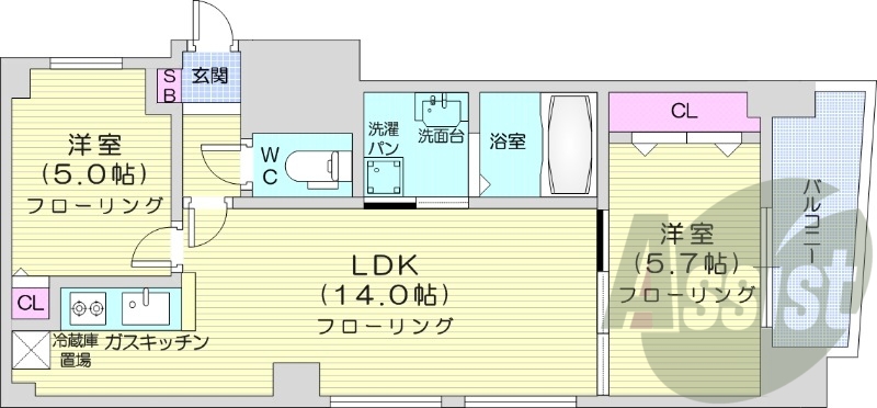 2LDK、オートロック、エアコン、独立洗面台