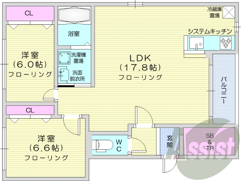 2LDK、灯油暖房、独立洗面台、システムキッチン