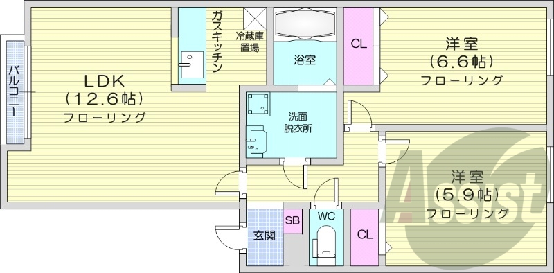 2LDK、エアコン、灯油暖房、独立洗面台、ガスキッチン