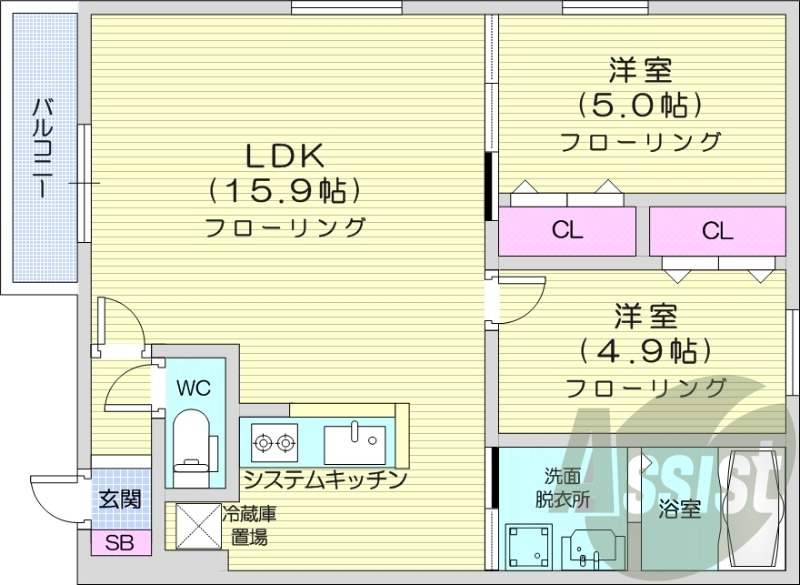 2LDK、エアコン、都市ガス、ペット飼育可
