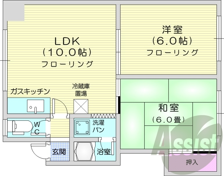 2LDK、灯油暖房、風呂トイレ別、トランクルーム