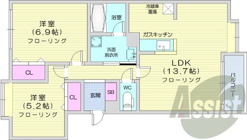 2LDK、灯油暖房、ネット無料、バルコニー、トランクルーム