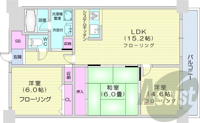 3LDK、都市ガス、洗髪洗面化粧台、エアコン、バルコニー