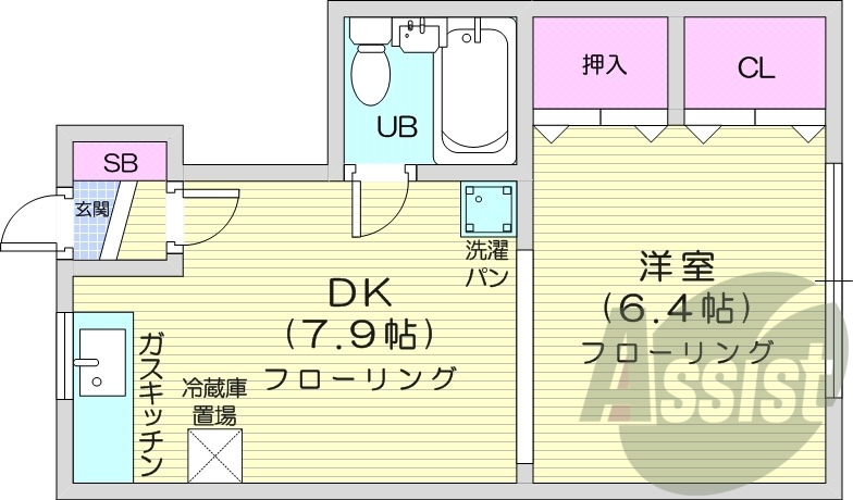 1DK、オートロック、ガスFF暖房、都市ガス