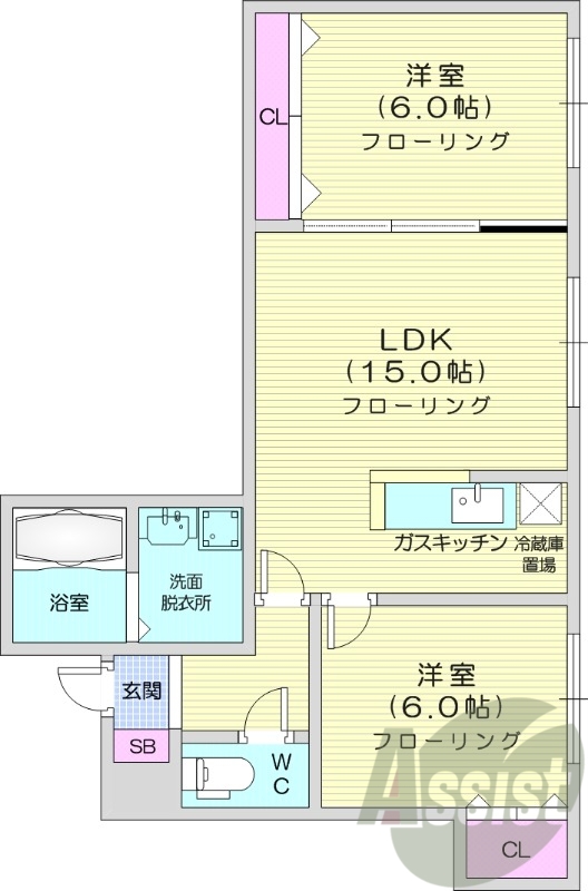 2LDK、エアコン、システムキッチン、独立洗面台、エアコン