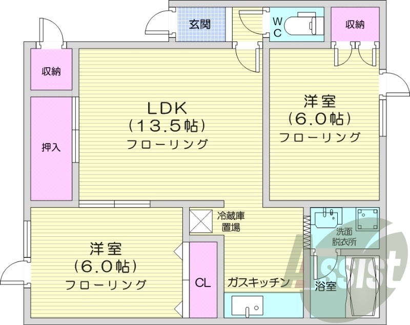 2LDK、独立洗面台、トランクルーム、シャワートイレ