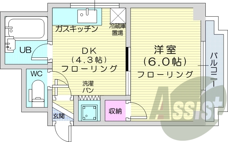 1DK、角部屋、最上階、都市ガス、ガス暖房
