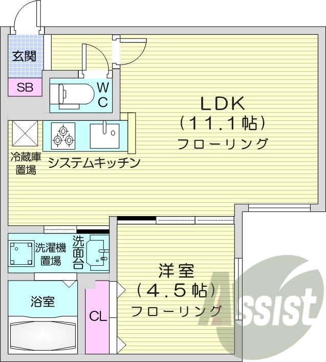1LDK、システムキッチン、エアコン、ネット使用料無料