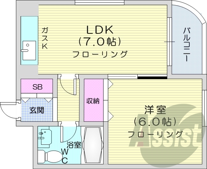 1DK、バルコニー、エレベーター、クローゼット