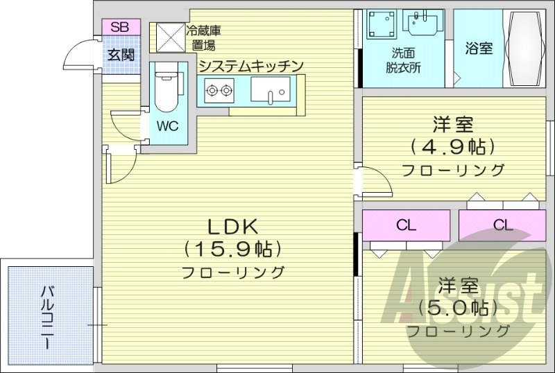 2LDK、エアコン、都市ガス、ペット飼育可