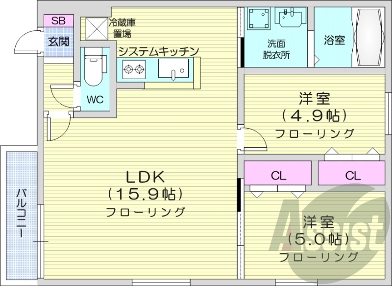 2LDK、エアコン、都市ガス、ペット飼育可
