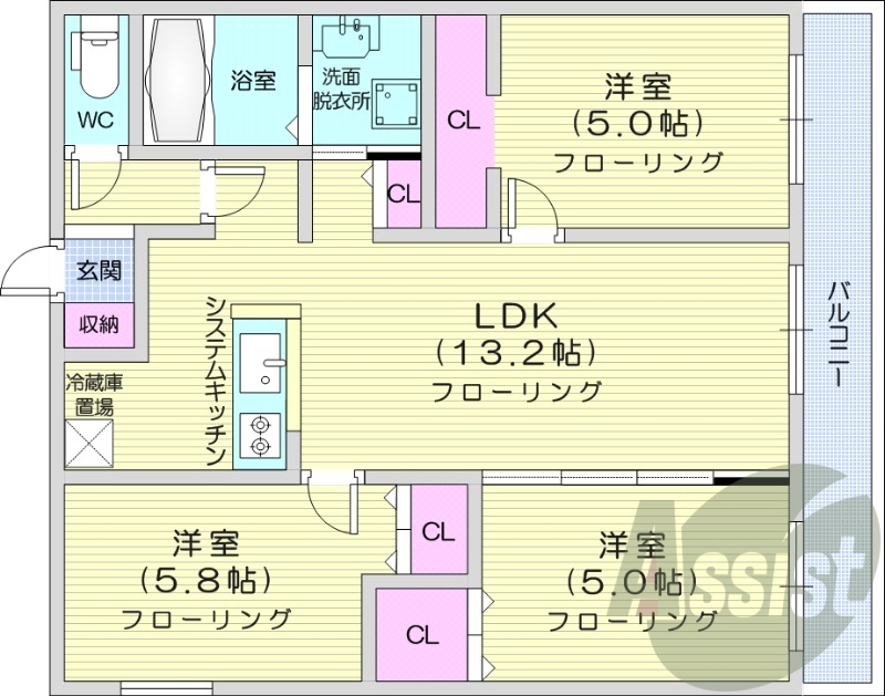 3LDK、エアコン、都市ガス、ペット飼育可