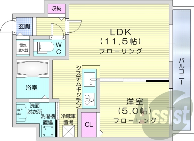 1LDK、エアコン、システムキッチン、シャワートイレ