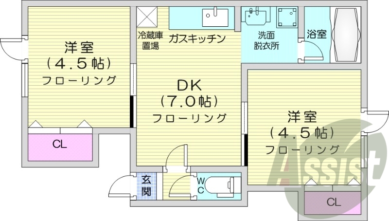 2DK、カメラ付きインターホン、バストイレ別