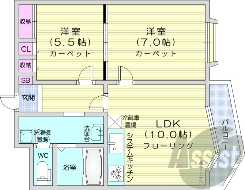 2LDK、都市ガス、エアコン、独立洗面台、バス・トイレ別