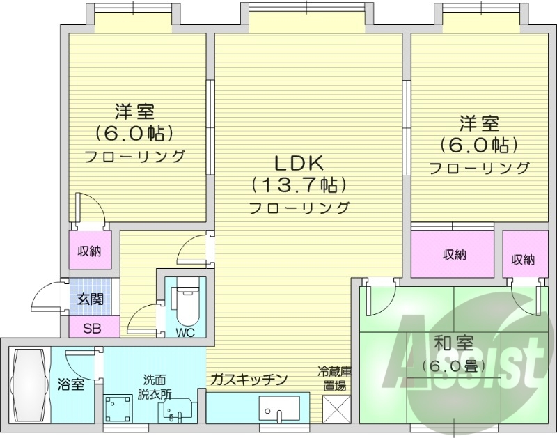 3LDK、バストイレ別、都市ガス、灯油暖房