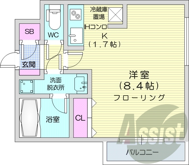 1K、バストイレ別、バルコニー、クローゼット、オール電化