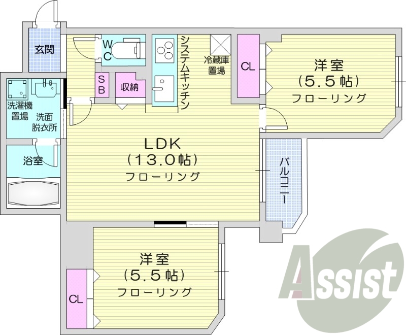 2LDK、独立洗面台、エレベーター、灯油暖房、バストイレ別