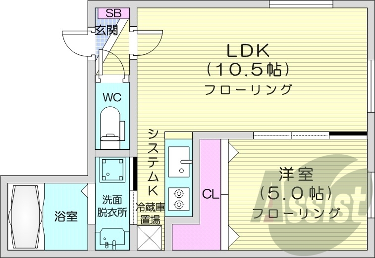 1LDK、エアコン、システムキッチン、都市ガス