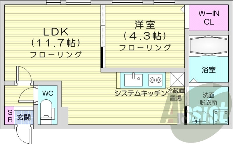 1LDK、エアコン、システムキッチン、都市ガス