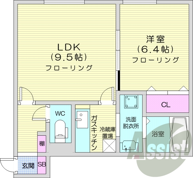 1LDK、バストイレ別、洗髪洗面化粧台、灯油暖房