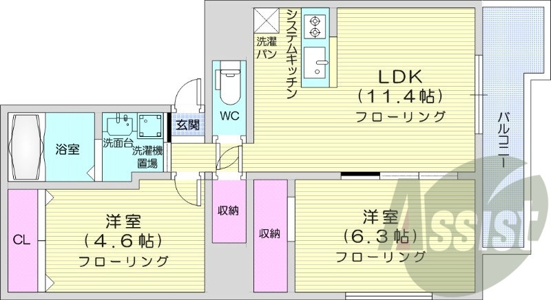 2LDK、都市ガス、追い焚き、エアコン、システムキッチン