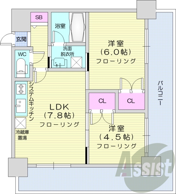 2LDK、エアコン、システムキッチン、独立洗面台