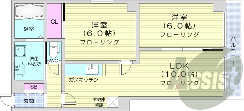2LDK、角部屋、インターネット無料、バストイレ別